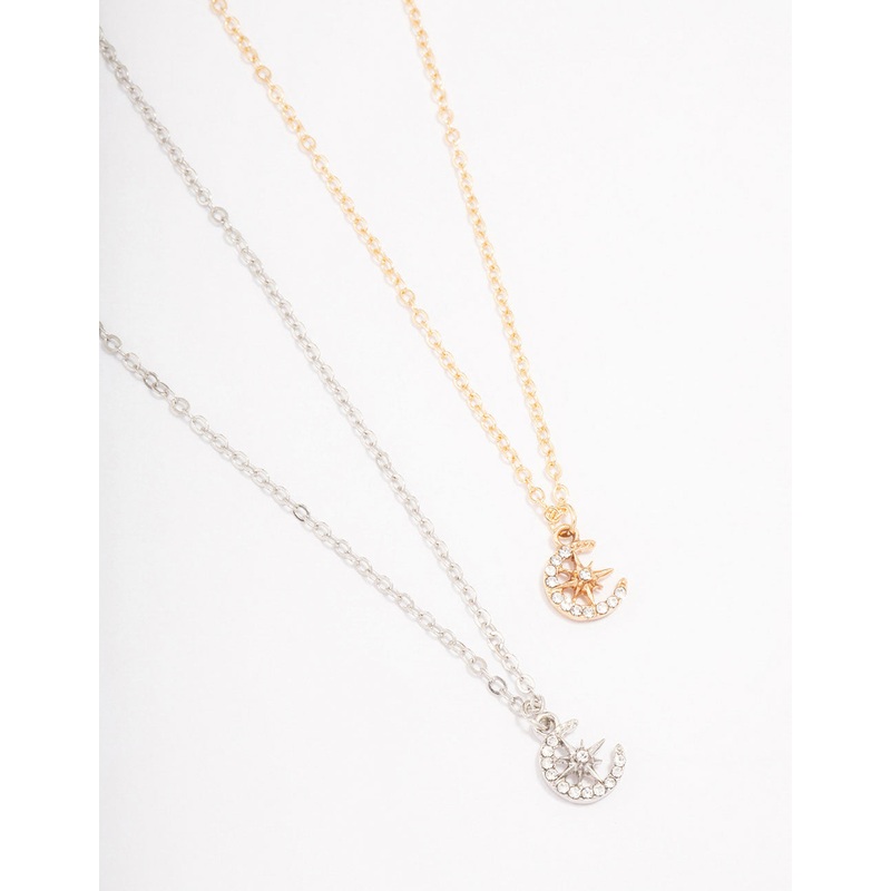Gold & Silver Half Moon Diamante Pendant Necklace Pack