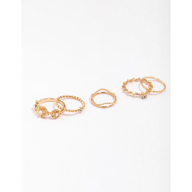 Gold Twisted Flower Stacking Rings 6- Pack
