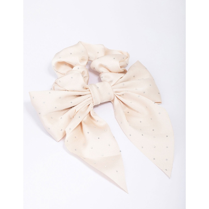 Neutral Fabric Bow Diamante Studded Scrunchie