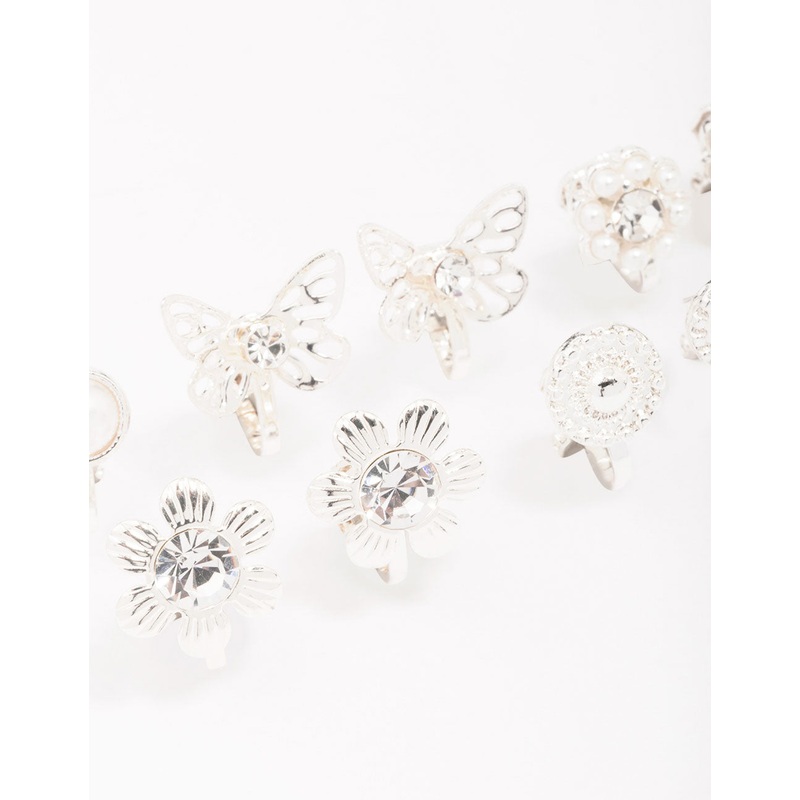 Silver Butterfly & Flower Clip On Earring 5-Pack