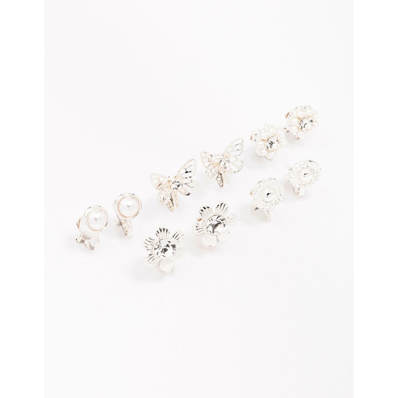Silver Butterfly & Flower Clip On Earring 5-Pack