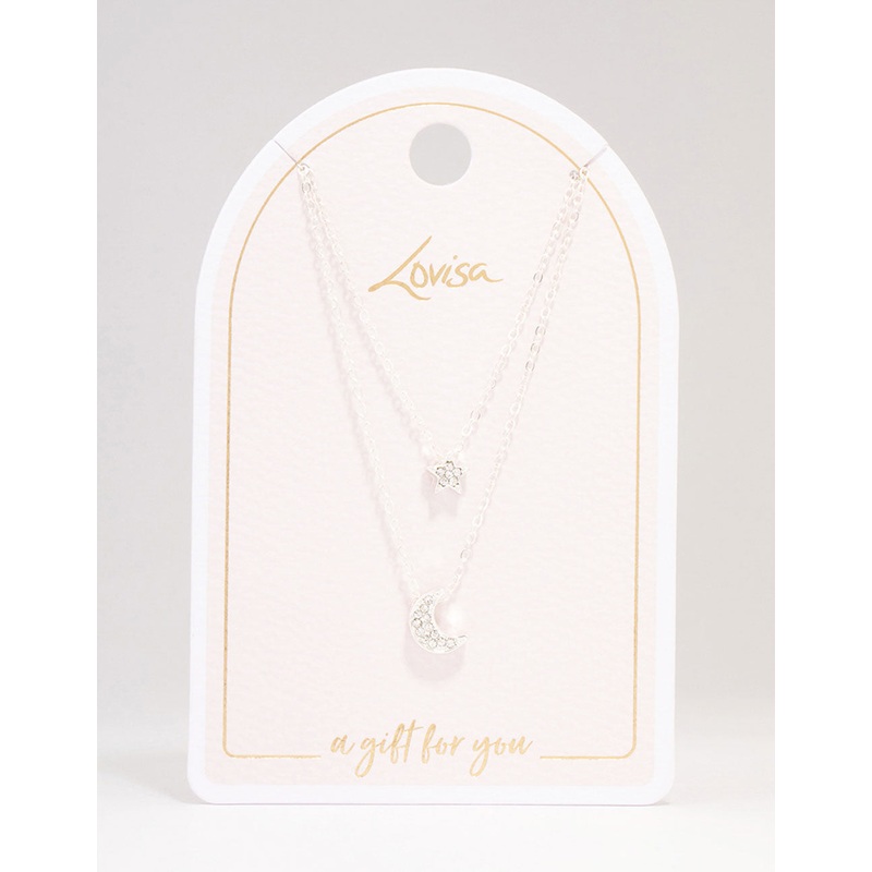 Silver Half Moon Star Double Layered Necklace