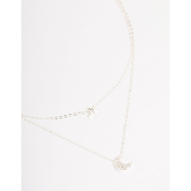 Silver Half Moon Star Double Layered Necklace