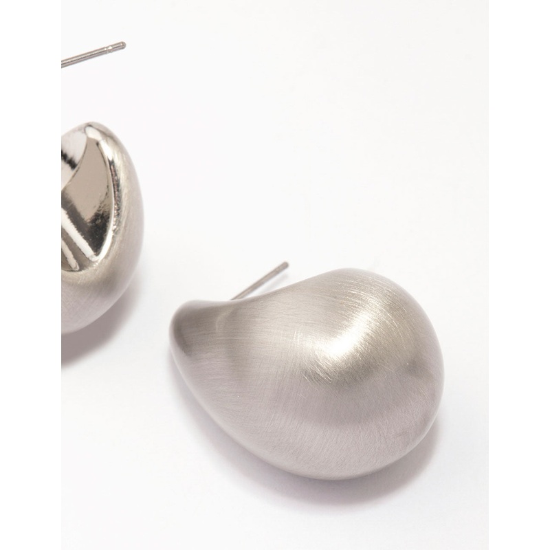 Silver Midi Matte Pear Hoop Earrings