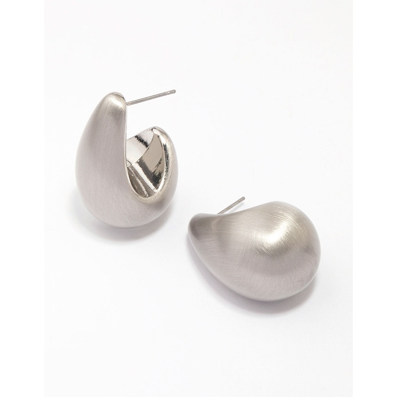 Silver Midi Matte Pear Hoop Earrings