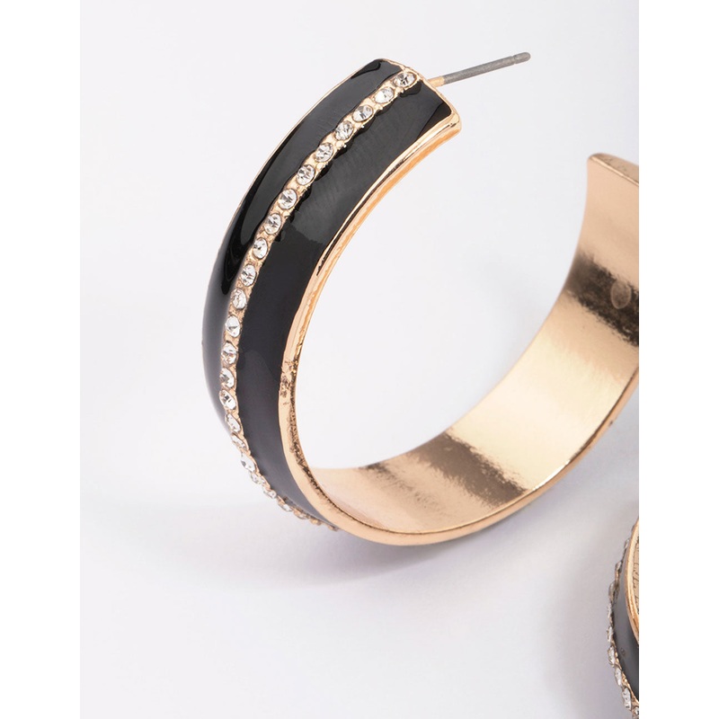 Gold & Black Small Diamante Hoop Earrings