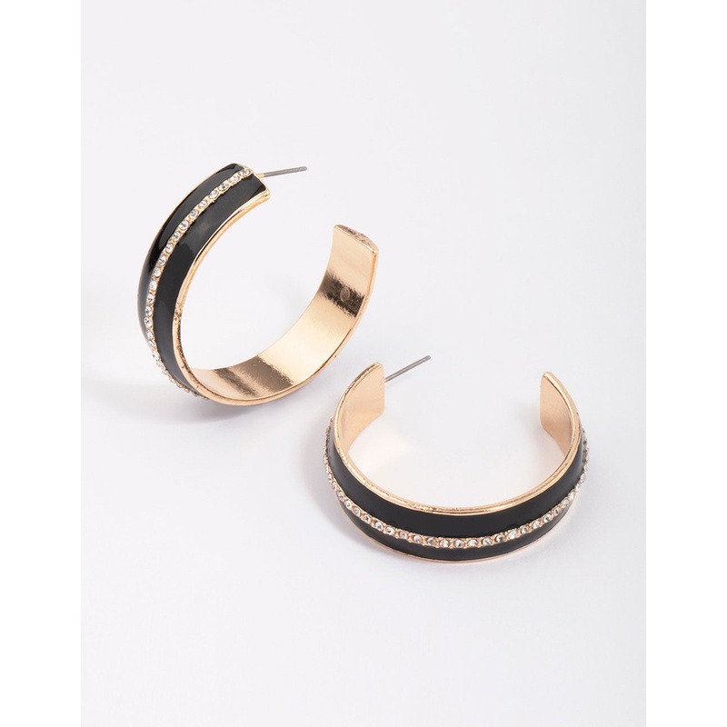 Gold & Black Small Diamante Hoop Earrings