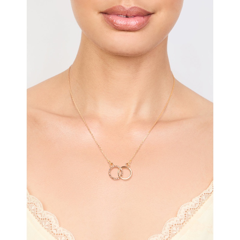 Gold Diamante Double Circle Link Pendant Necklace
