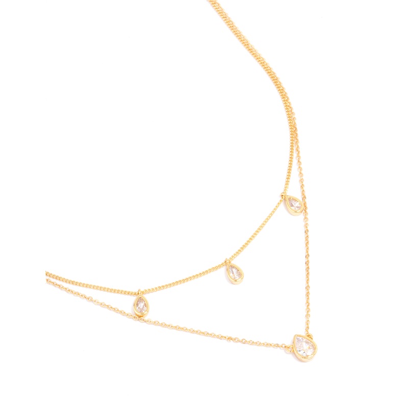 Gold Plated Brass Cubic Zirconia Teardrop Layered Necklace