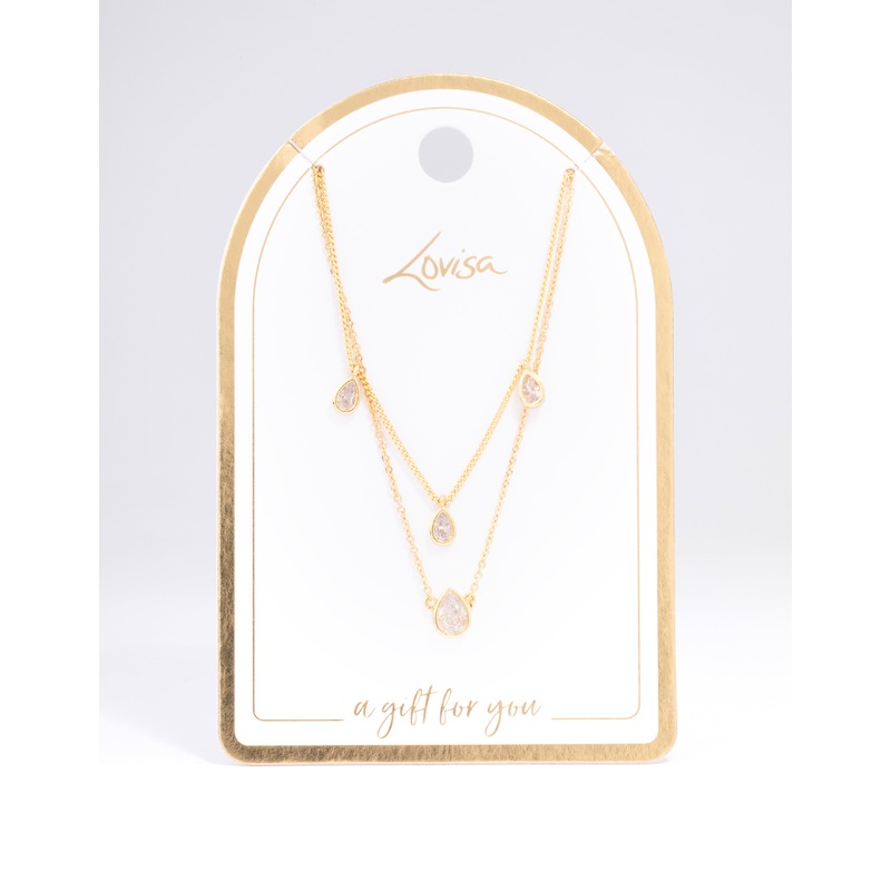 Gold Plated Brass Cubic Zirconia Teardrop Layered Necklace