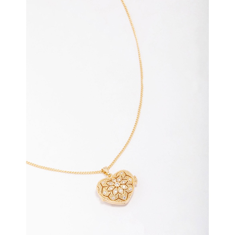 Gold Plated Heart Locket Cubic Zirconia Pendant Necklace