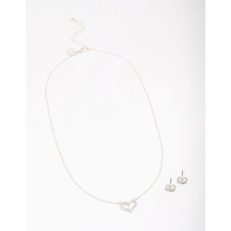 Silver Open Diamante Heart Jewellery Set