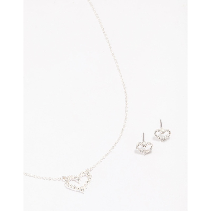 Silver Open Diamante Heart Jewellery Set