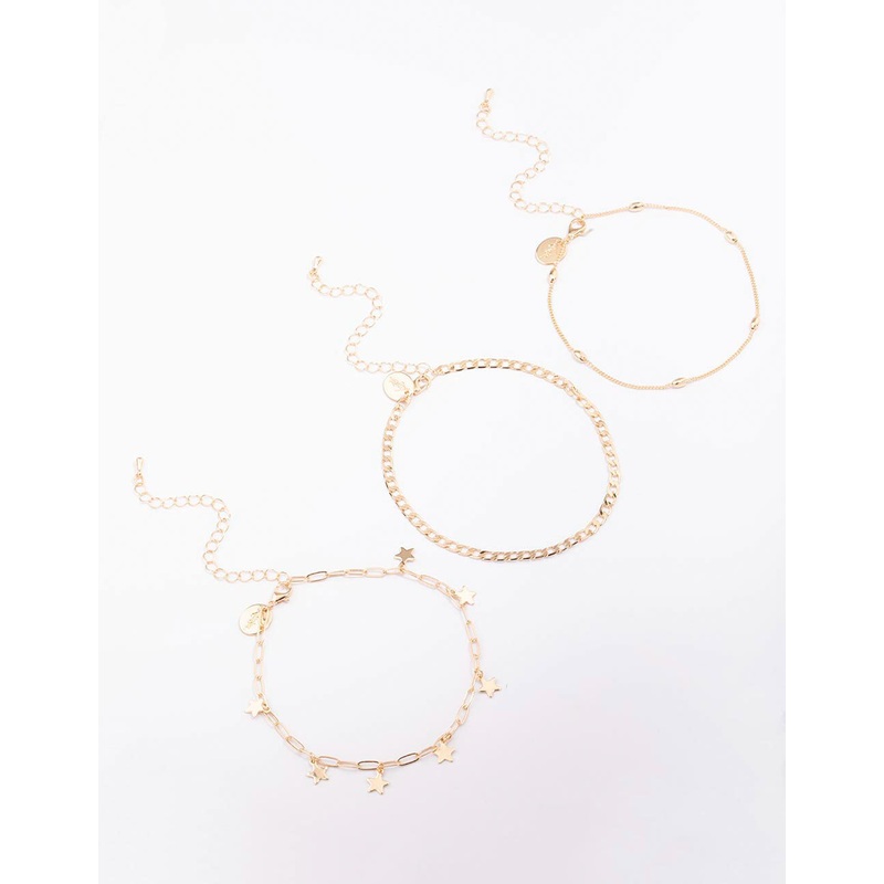 Gold Mixed Star Chain Anklet 3-Pack