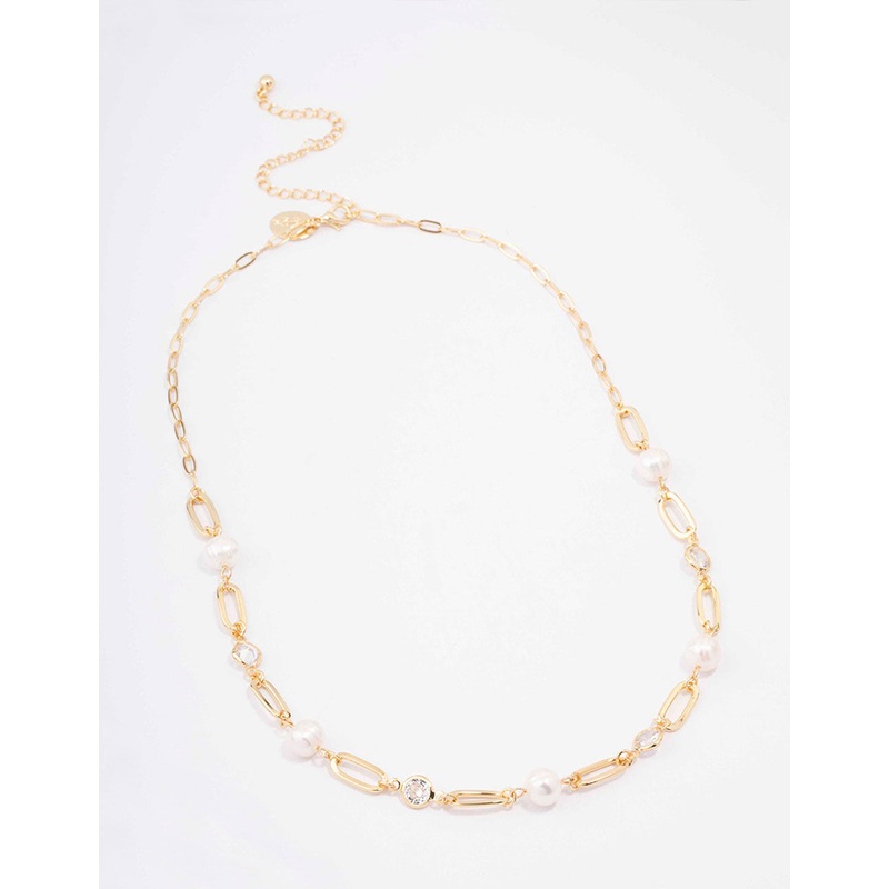 Gold Plated Alternating Cubic Zirconia & Pearl Link Short Necklace