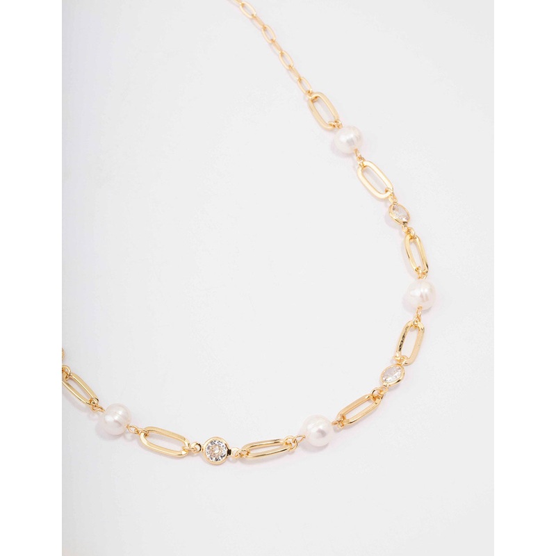Gold Plated Alternating Cubic Zirconia & Pearl Link Short Necklace