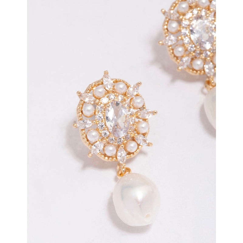 Gold Plated Freshwater Pearl Halo Drop Earrings