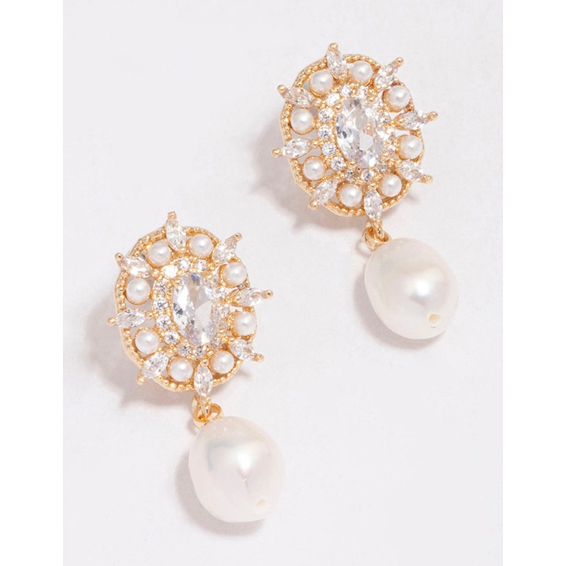 Gold Plated Freshwater Pearl Halo Drop Earrings
