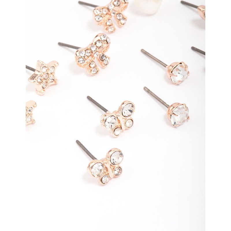 Kids Rose Gold Diamante Butterfly Stud Earring 6-Pack