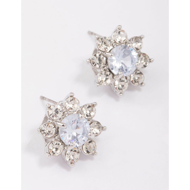 Silver Diamante Flower Stud Earrings