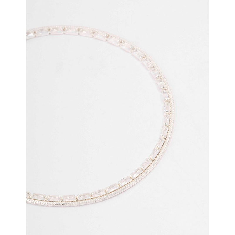 Silver Plated Cubic Zirconia Dainty Baguette Layered Bracelet