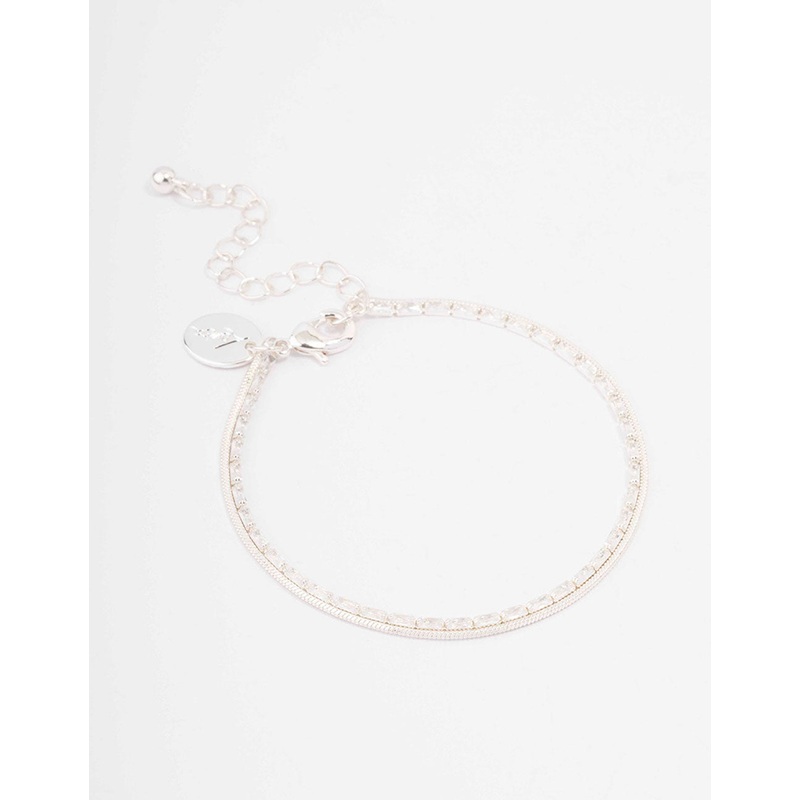 Silver Plated Cubic Zirconia Dainty Baguette Layered Bracelet