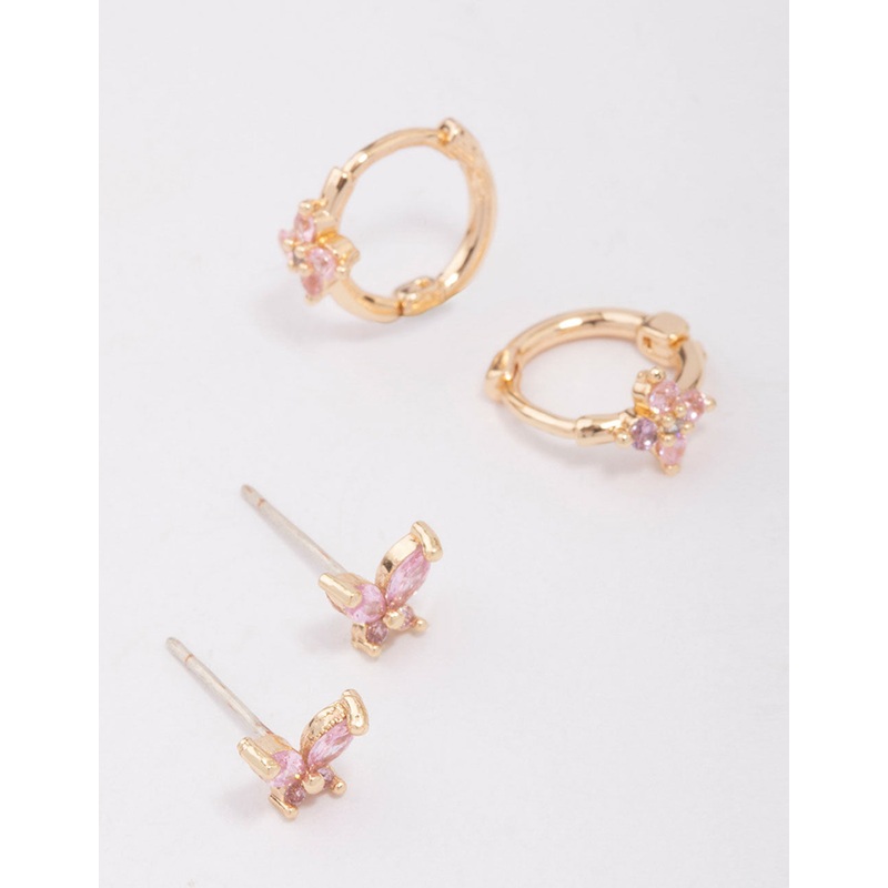 Gold Cubic Zirconia Butterfly & Flower Earring 3-Pack