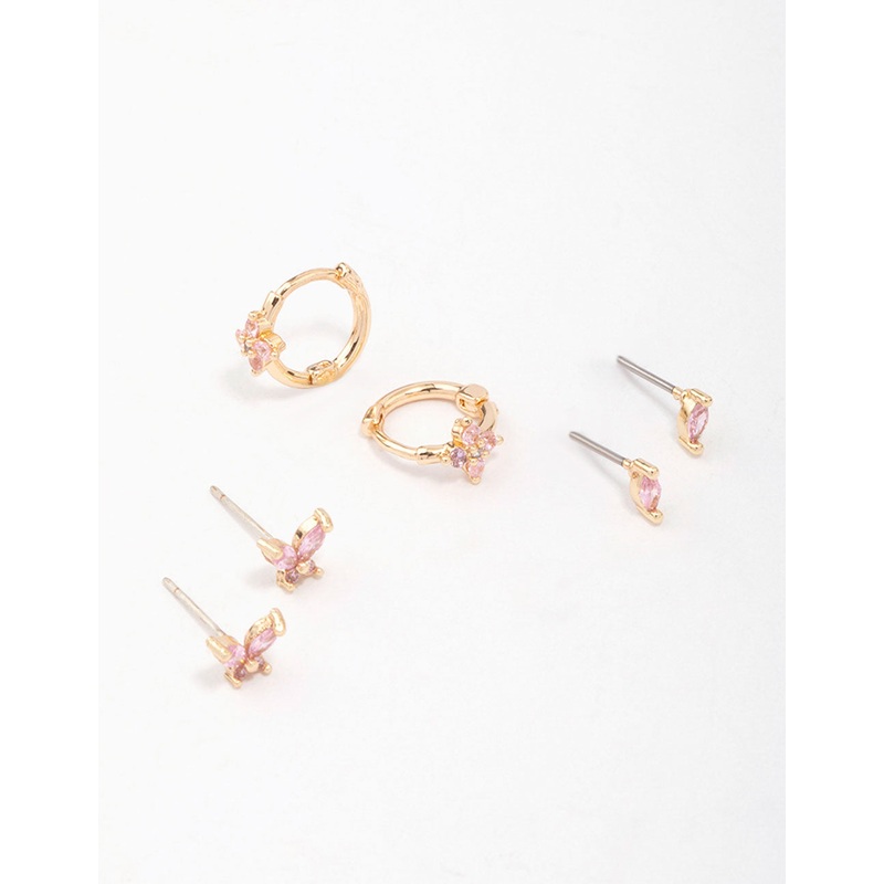 Gold Cubic Zirconia Butterfly & Flower Earring 3-Pack