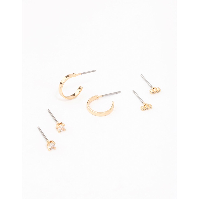 Gold Cubic Zirconia Huggie & Stud Earring 3-Pack