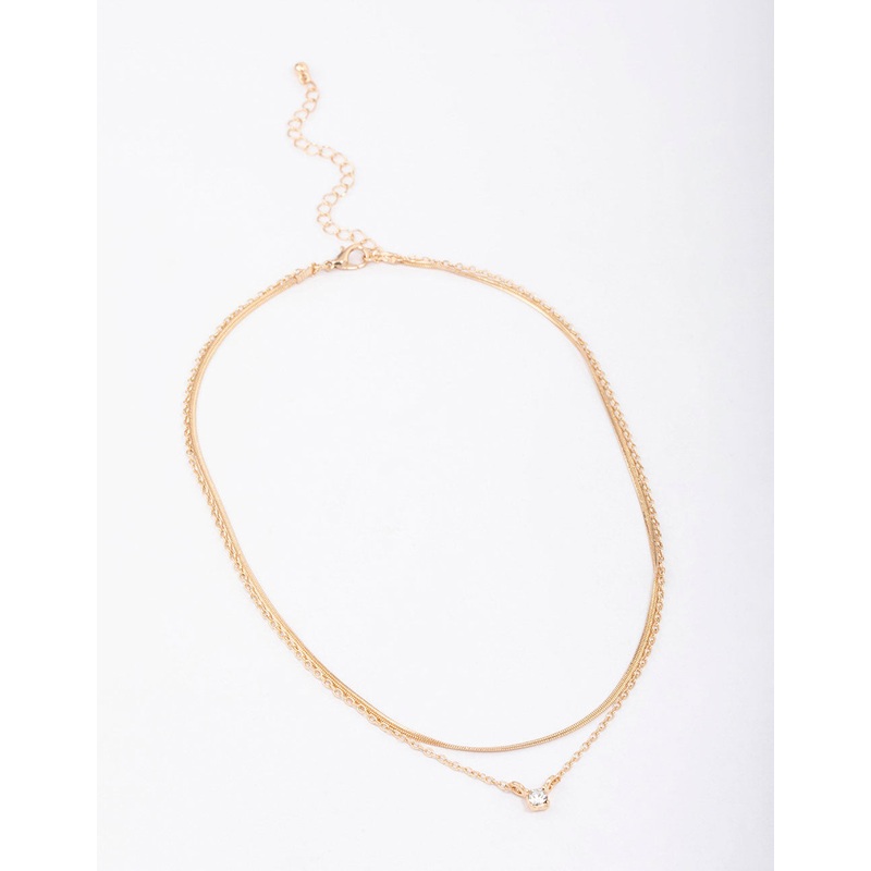 Gold Double Diamante & Snake Chain Layered Necklace