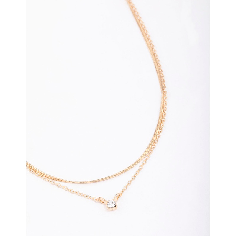 Gold Double Diamante & Snake Chain Layered Necklace