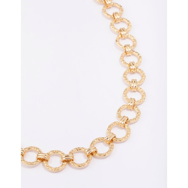 Gold Plated Hammered Round Link Chain Necklace