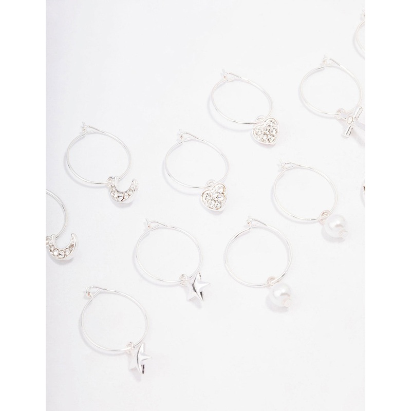 Silver Crystal Heart Wire Hoop Earring 6-Pack