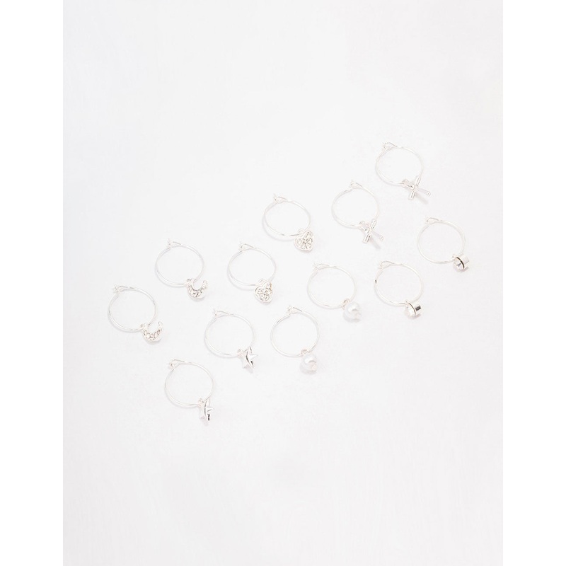 Silver Crystal Heart Wire Hoop Earring 6-Pack