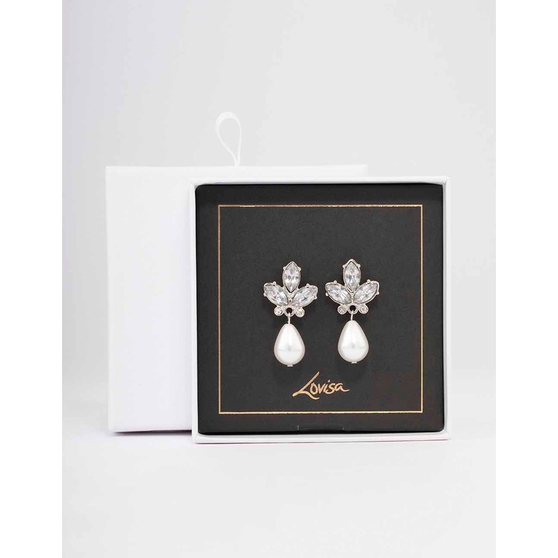 Silver Diamante Teardrop Pearl Drop Earrings