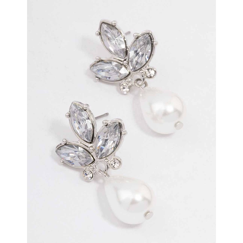 Silver Diamante Teardrop Pearl Drop Earrings