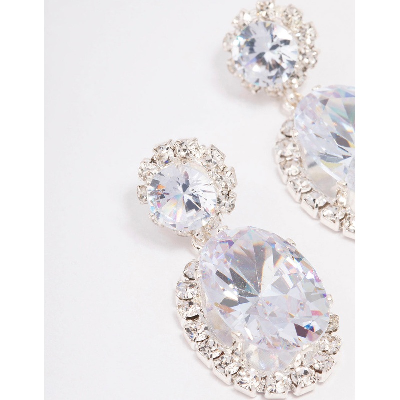 Silver Oval Flower Drop Earrings