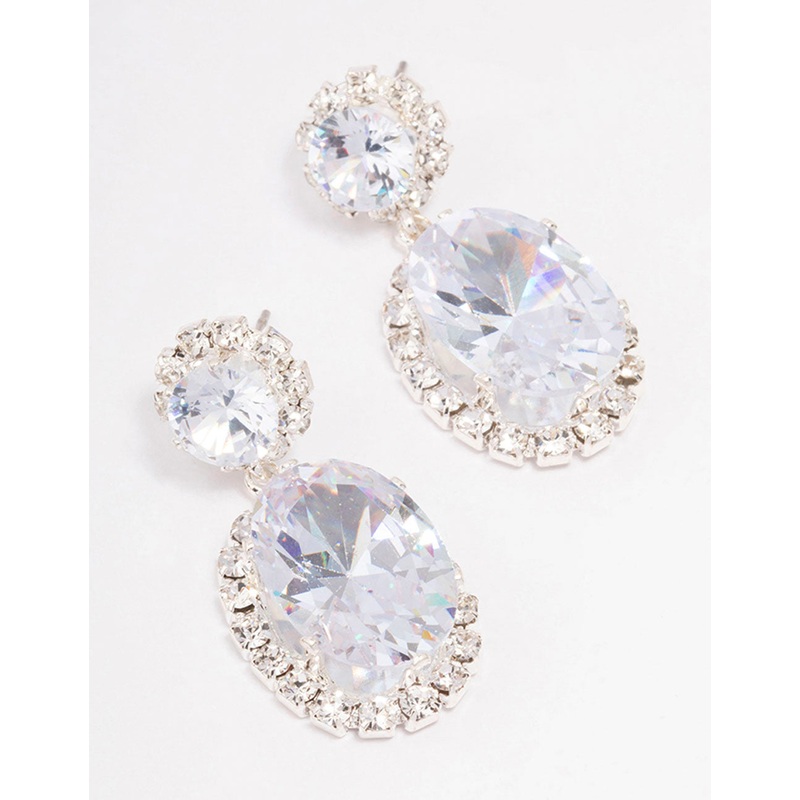 Silver Oval Flower Drop Earrings