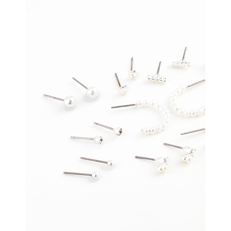 Silver Pearl Mixed Stud & Hoop Earring 12-Pack