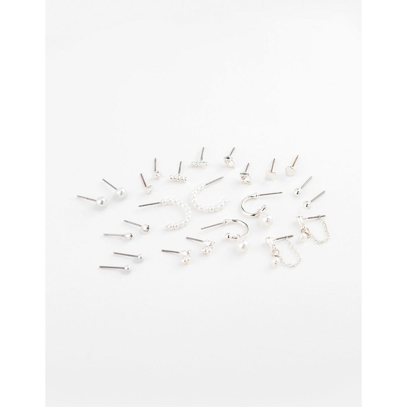 Silver Pearl Mixed Stud & Hoop Earring 12-Pack