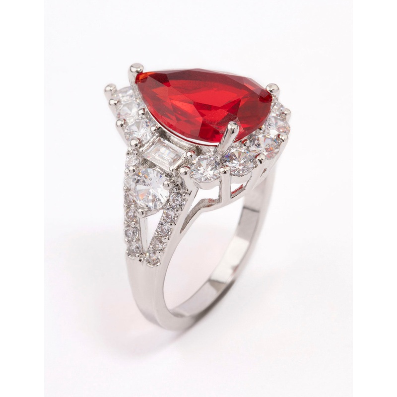 Silver Red Pear Cubic Zirconia Cocktail Ring