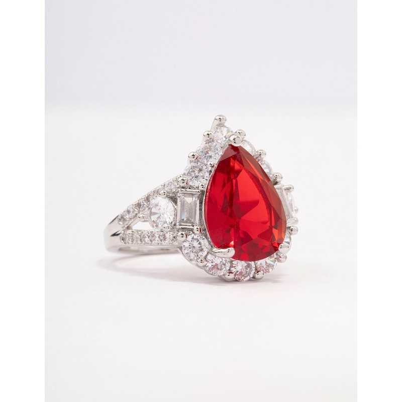 Silver Red Pear Cubic Zirconia Cocktail Ring