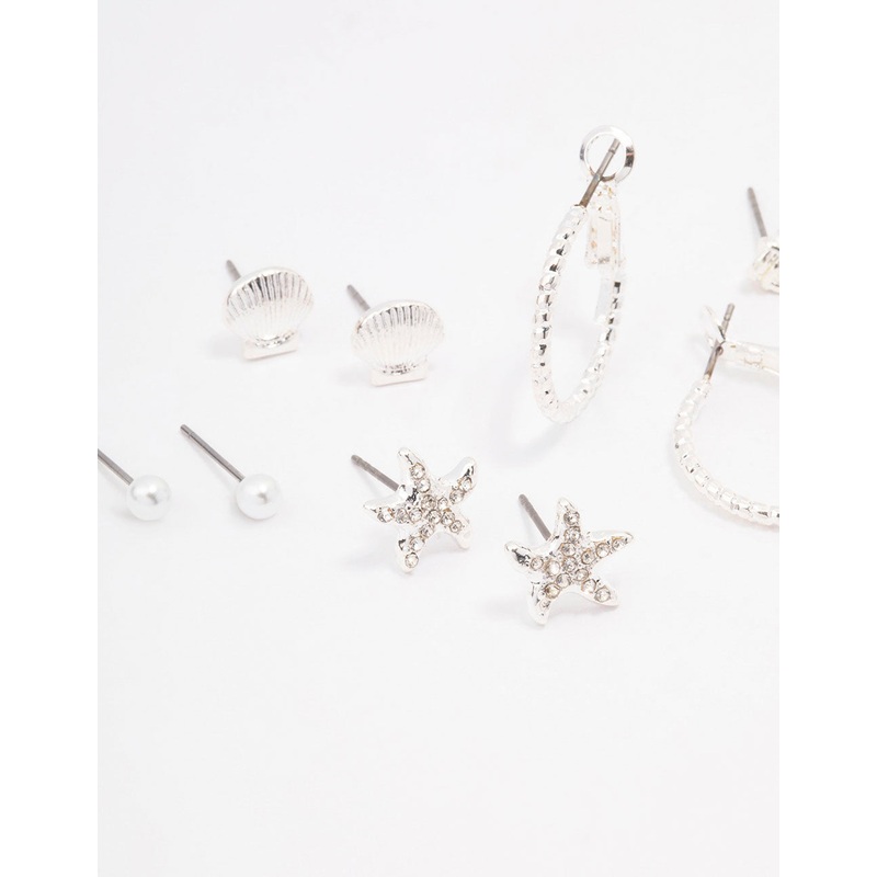 Silver Shell Pearl Stud Earring 8-Pack