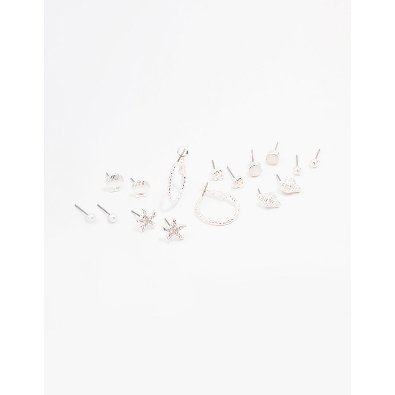 Silver Shell Pearl Stud Earring 8-Pack