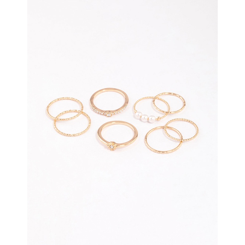 Gold Fine Diamante Cut Pearl Ring Pack