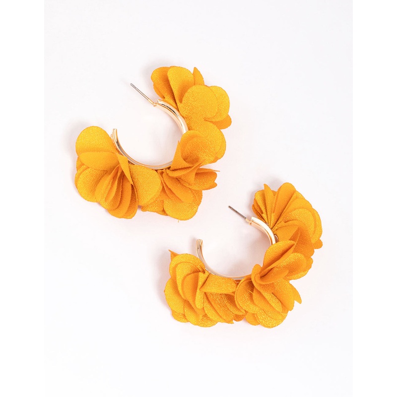 Gold & Yellow Fabric Flower Hoop Earrings