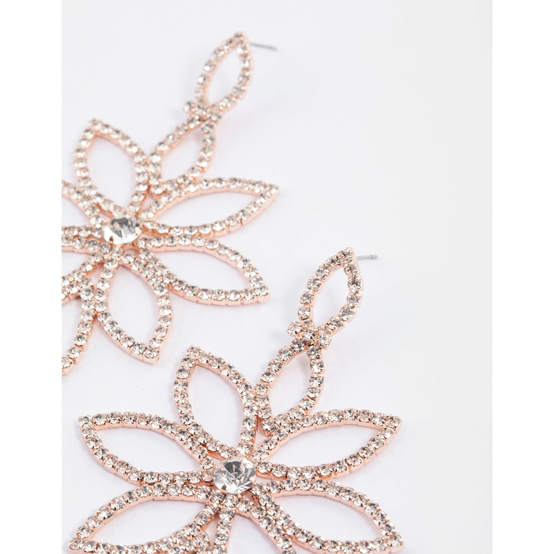 Rose Gold Flower Diamante Drop Earrings