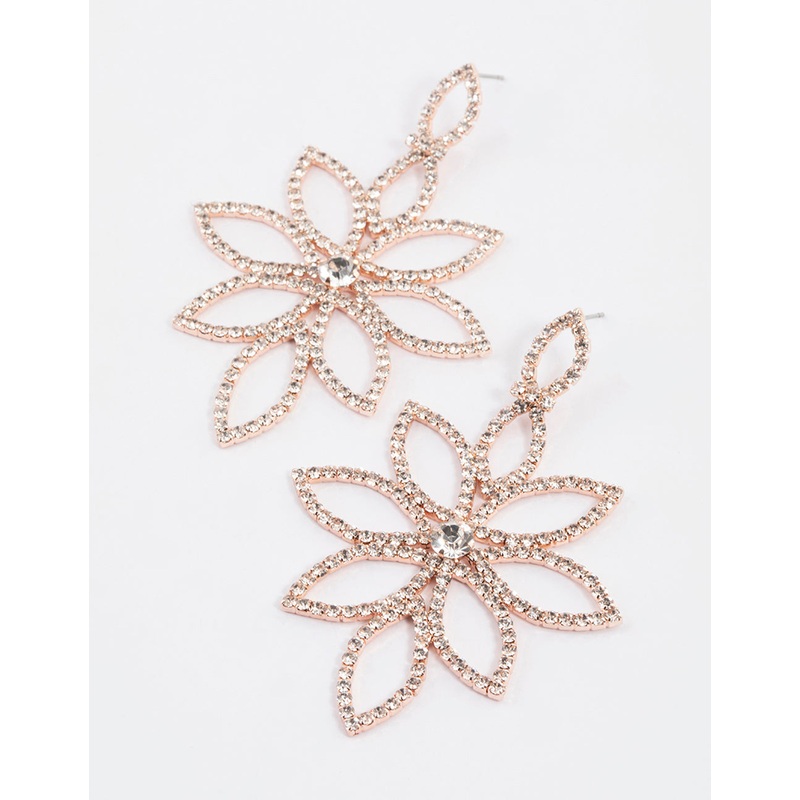 Rose Gold Flower Diamante Drop Earrings