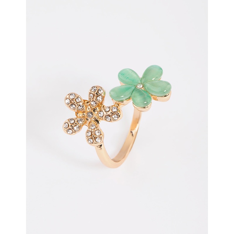 Gold Diamante & Cats Eye Flower Ring