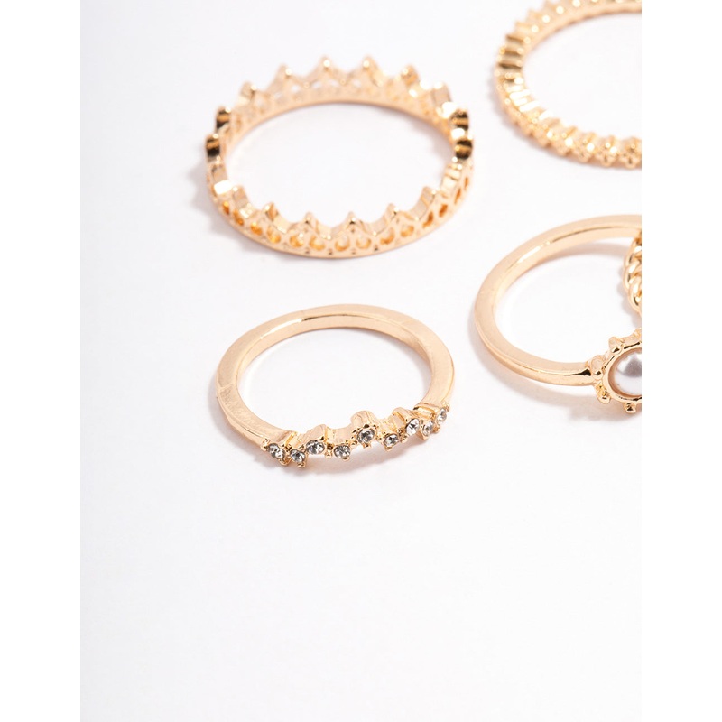Gold Diamante & Pearl Crown Ring Pack
